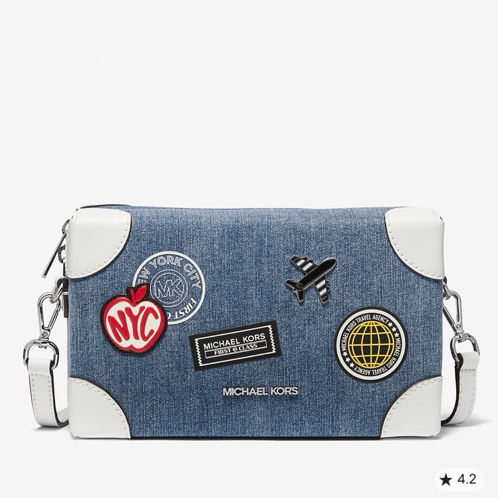 Michael Kors Blue Denim and White Crossbody Bag with Travel Patches